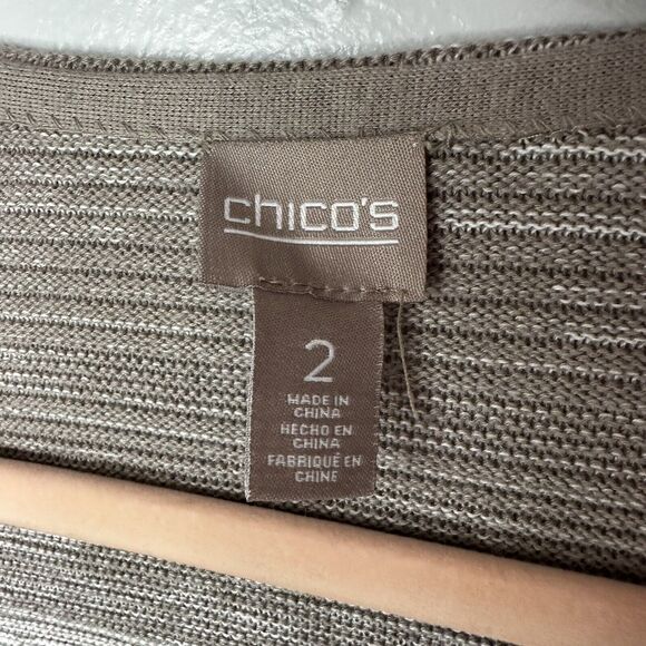 Chico's Cardigan Sweater 2 Striped Long Preppy Large Tan White Open Front - Picture 2 of 6